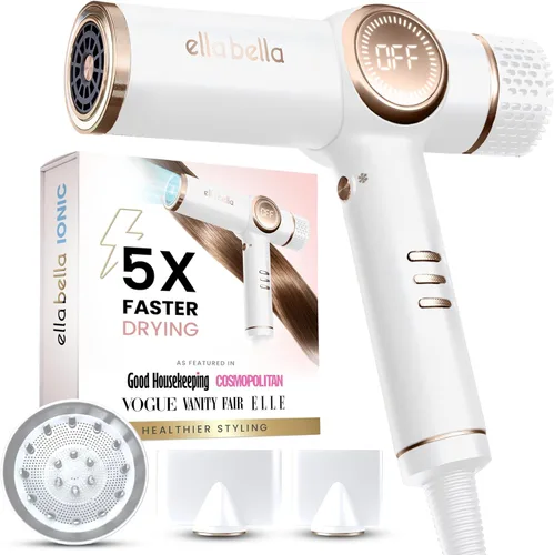 ELLA BELLA® Secador de pelo iónico profesional con difusor • Secador de iones negativos • Adecuado para todo tipo de cabello • Control inteligente