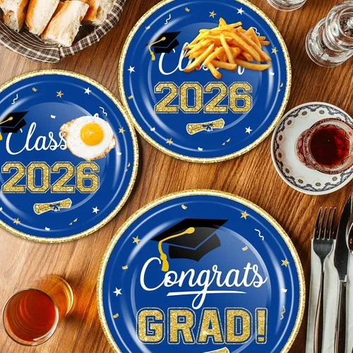 Miniatura 4 de Juego de vajilla de suministros para fiesta de graduación 2026, 100 platos y servilletas de graduación de oro azul para clase de 2026, vajilla
