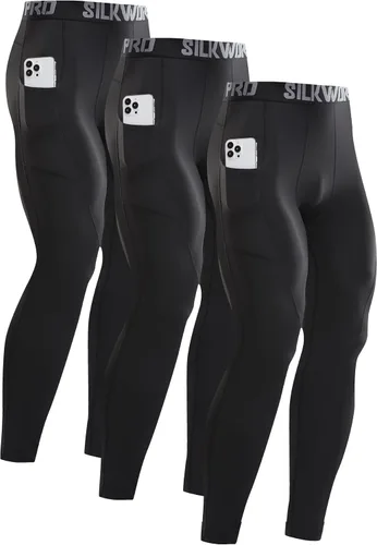 Miniatura 44 de SILKWORLD Paquete de 1 a 3 pantalones de compresión para hombre, con bolsillos, leggings de gimnasio y secado fresco