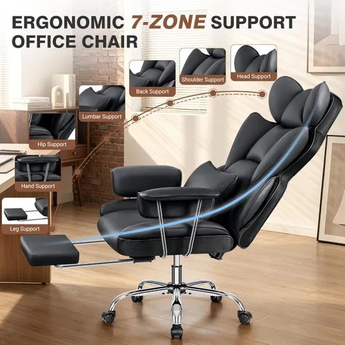 Miniatura 8 de ALLGOD Silla de oficina cómoda, silla ejecutiva grande y alta, silla ancha ergonómica de respaldo alto con reposapiés, silla de escritorio Negro