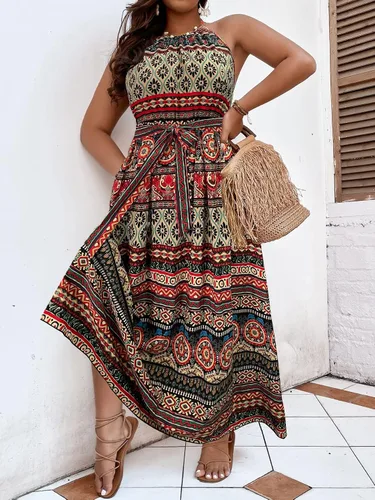 Miniatura 3 de MakeMeChic Vestido largo bohemio con lazo en la espalda, sin mangas, cintura alta, línea A, con cinturón