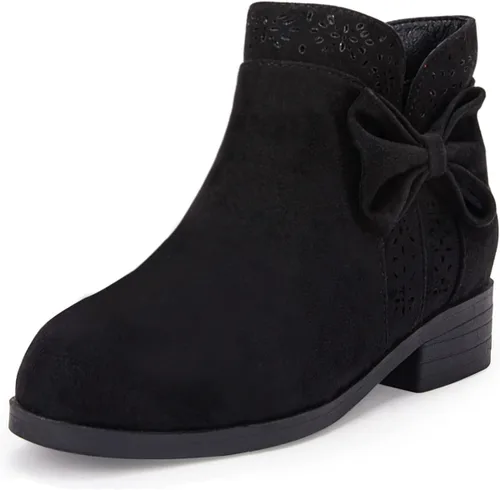Botas de tobillo con nudo de lazo para niñas y niños, gamuza sintética, corte en V, tacón bajo apilado, cremallera lateral, zapatos Chelsea
