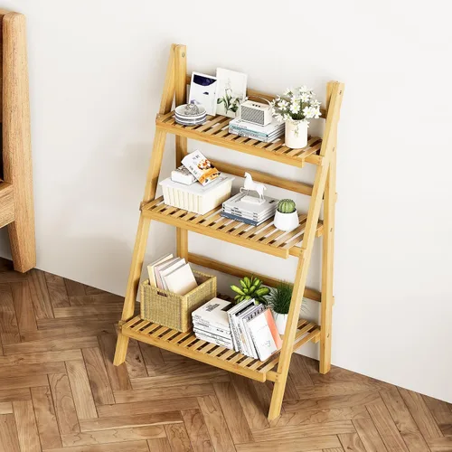 Miniatura 9 de OAKVIVO - Estantería de escalera plegable de 39.4", Estantería de bambú de 3 niveles, para macetas, estante de exhibición en forma de escalera