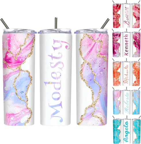 Miniatura 9 de Vasos delgados personalizados con tapas y pajitas de 20 onzas, diseño de mármol personalizado, vasos de acero inoxidable delgados con nombre