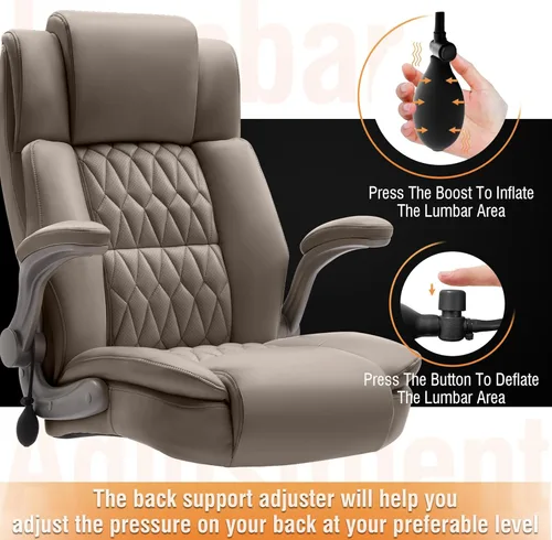 Miniatura 4 de Silla de oficina grande con respaldo alto, soporte lumbar ajustable, brazos abatibles, ruedas silenciosas resistentes, base de metal, cuero Caqui