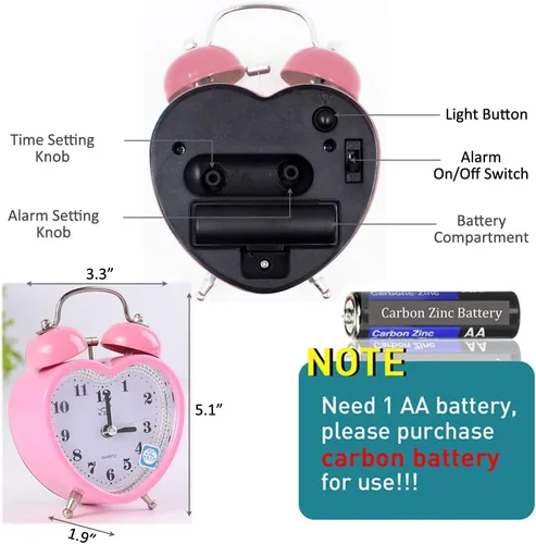 Miniatura 4 de SHISEDECO 3 Pulgadas Lindo Reloj Despertador de Campanas Gemelas Silencioso Analógico de Cuarzo con Luz Nocturna, Operado a Batería para Niños, Rosa