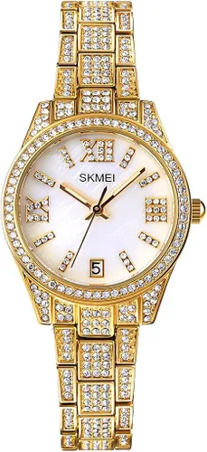 SKMEI Lady Watches for Women Female Bling Dress Fashion Luxury Diamond Business Casual Analog Quartz Waterproof Stainless Steel Wristwatches Gifts