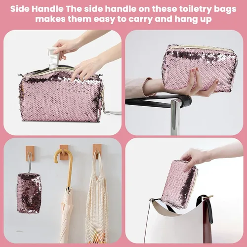Miniatura 6 de Magic Sequin Travel Cosmetic Bags Reversible Glitter Maquillaje Organizador Bolsa Bolsa para Mujer (Rosa)