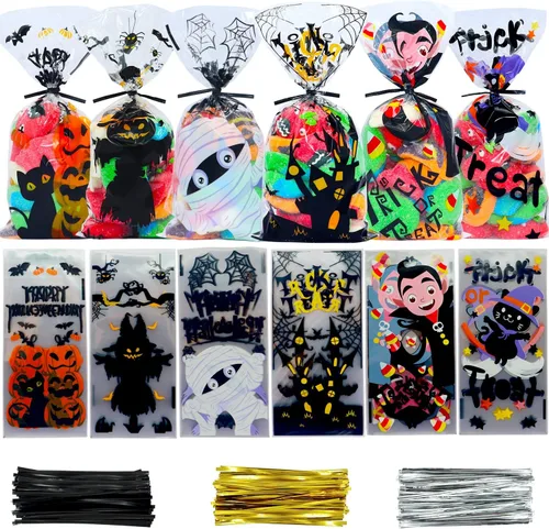 VEYLIN 120 bolsas de celofán de Halloween, bolsas de dulces transparentes de dibujos animados con lazos giratorios para regalos de fiesta de