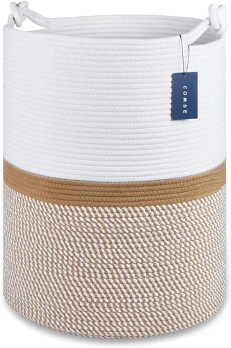 Miniatura 17 de COMSE Cesta de Manta Extra Grande, Cesta de Almacenamiento Tejida Alta, Cesta de Guardería, 15.7"x 21.7", Cesta de Lavandería de Cuerda de Algodón