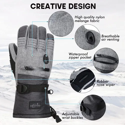 Miniatura 2 de Guantes de esquí para hombre, guantes de nieve cálidos impermeables y transpirables con pasamontañas para snowboard, moto de nieve en clima frío.