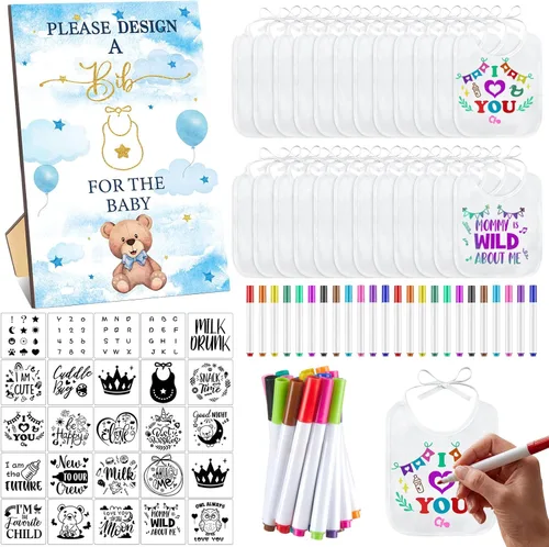 Miniatura 7 de Panitay Kit de decoración de 100 baberos para bebé, 50 baberos blancos, 25 plantillas, 24 marcadores de tela, 1 letrero de juego para baby shower