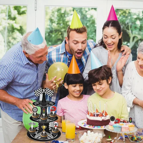 Miniatura 5 de Soporte para cupcakes de auto de carreras de 3 niveles con 24 adornos para tartas, decoraciones de fiesta de cumpleaños, temática de autos