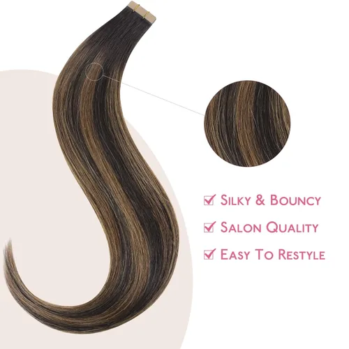 Miniatura 4 de Wennalife - Extensiones de cabello humano real adhesivas, balayage marrón oscuro mezclado con castaño, 10 piezas, 0.70 oz (20 g), 10 pulgadas