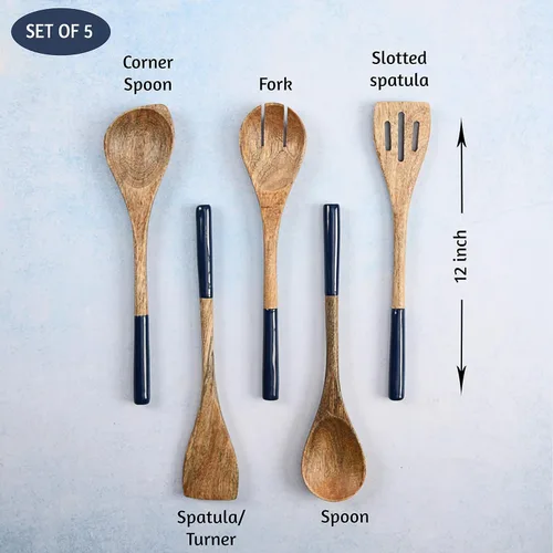 Miniatura 2 de Juego de 5 cucharas de madera para cocinar o utensilios de cocina, 12 pulgadas de largo (azul sólido)