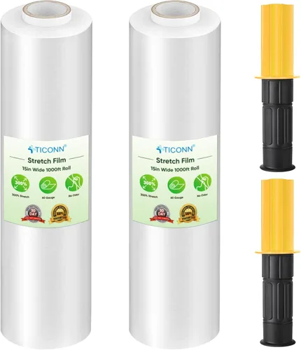 TICONN Paquete de 2 rollos de película elástica, 1000 pies, resistencia industrial, 15 pulgadas de ancho, envoltura de plástico transparente con