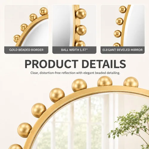 Miniatura 4 de Espejo ovalado de pared de 24 x 36 pulgadas con vidrio biselado, marco de bola de cuentas de oro antiguo, espejo de pared colgante vertical