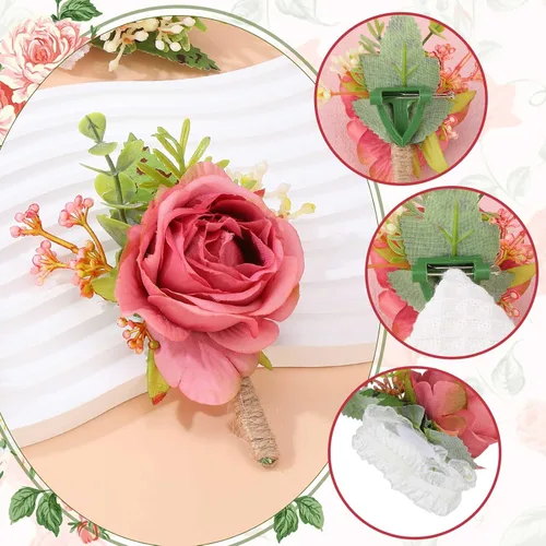 Miniatura 5 de Sherr Juego de 20 ramilletes de rosas y boutonniere, ramillete de muñeca de flores, pulsera de pulsera para novio y hombre, boutonniere de boda