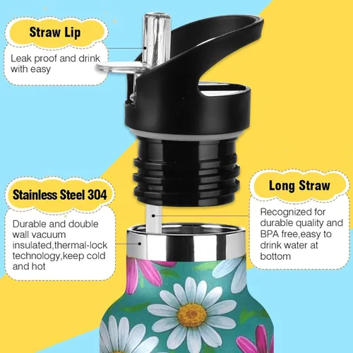 Miniatura 3 de Elegant Daisy Floral White Peach Leakproof and BPA Free Insulated Water Bottle with Handle Double-Wall Vacuum Insulation for Water, Milk, Juice