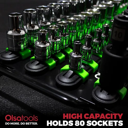 Miniatura 5 de Olsa Tools Bandeja Organizadora de Dados Portátil Rieles Negros con Clips Verdes Capacidad para 80 Dados Soporte de Dados de Calidad