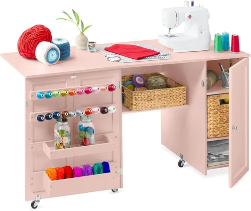 Miniatura 14 de Best Choice Products Mesa de costura plegable grande, estación de manualidades portátil multiusos y escritorio lateral con diseño compacto, ruedas