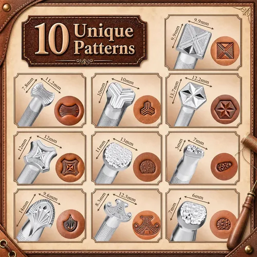 Miniatura 2 de Humyoun 10 piezas de herramientas de estampado de cuero, kit de sellos de cuero, herramientas para manualidades en cuero (patrón)