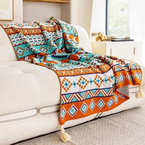 Manta bohemia para el hogar, suave y que no se desprende, azul y naranja, acogedora manta ligera para todas las estaciones para uso en interiores y