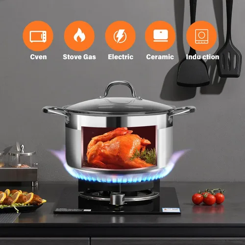 Miniatura 7 de Olla de 10 cuartos de galón con tapa de vidrio, olla de sopa de acero inoxidable de grado alimenticio premium, olla grande para cocinar guisos