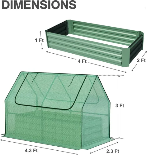 Miniatura 2 de Aoodor Kit de invernadero elevado de 4 pies x 2 pies x 1 pie con cama metálica elevada con 2 puertas enrollables con cremallera, para verduras, Verde