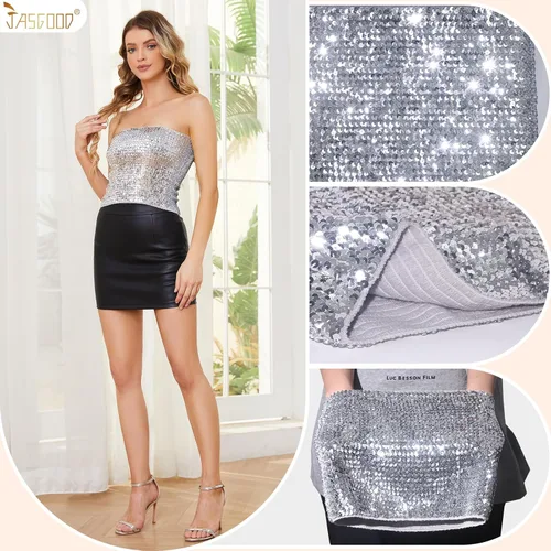 Miniatura 4 de JASGOOD Tops cortos de lentejuelas brillantes para mujer, tops de tubo metálicos sin tirantes, corsé de sirena con purpurina para fiesta y club