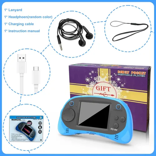 Miniatura 7 de Juegos de mano para niños, videojuego retro de 16 bits con 220 juegos electrónicos HD, juego de viaje portátil IPS de 2.5 pulgadas, regalos para Azul