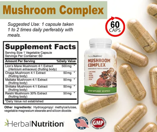 Miniatura 5 de Herbal Nutrition Complejo de hongos de 700 mg a 1400 mg. Los 5 hongos más potentes - Melena de león, Reishi, Chaga, Maitake, Shiitake - Apoya