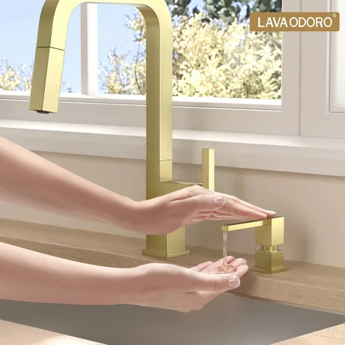 Miniatura 4 de Lava Odoro Dispensador de jabón para fregadero de cocina, dispensador de jabón dorado para fregadero, moderno y cuadrado integrado para fregadero