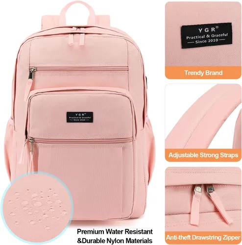 Miniatura 2 de YGR Mochila de viaje para laptop, mochila antirrobo, casual, mochila delgada para computadora portátil, resistente al agua, bolsa de computadora Rosa