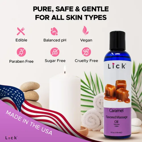 Miniatura 7 de Lick Aceite de masaje con sabor a caramelo, aceite de masaje comestible de postre cálido con vitamina E, textura suave y segura para el cuerpo