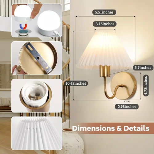 Miniatura 5 de Juego de 2 apliques de pared inalámbricos, pantallas plisadas recargables que funcionan con batería, luces de pared retro de cuello de ganso Dorado