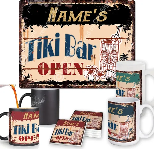 Name's Tiki Bar Open Custom Chic Sign posavasos tazas estilo rústico vintage retro cocina bar pub cafetería decoración 9 x 12 pulgadas placa de