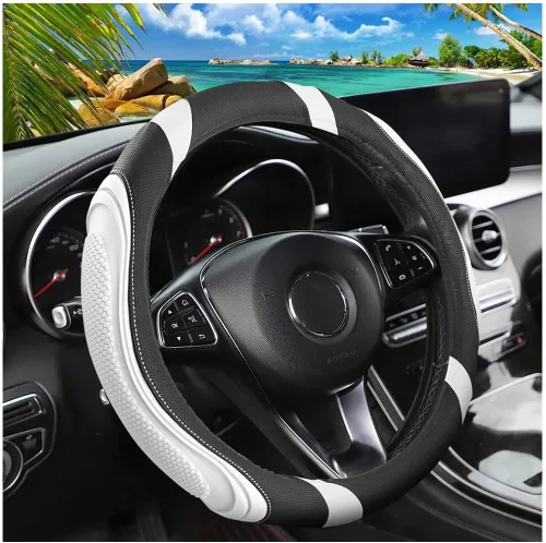 Miniatura 18 de Osilly Funda de cuero para volante de automóvil de 15 pulgadas, accesorios automotrices elástica, transpirable, antideslizante, protector de volante