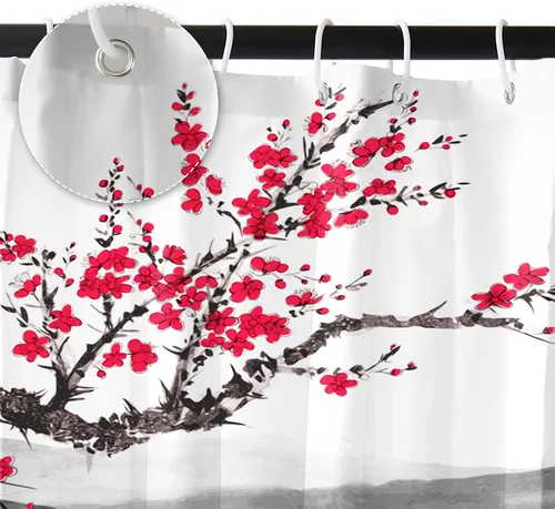 Miniatura 4 de Renaiss Cortina de ducha japonesa con flores de cerezo de 60 x 72 pulgadas, árboles de flores de ciruelo rojo, ramas de estilo chino, arte
