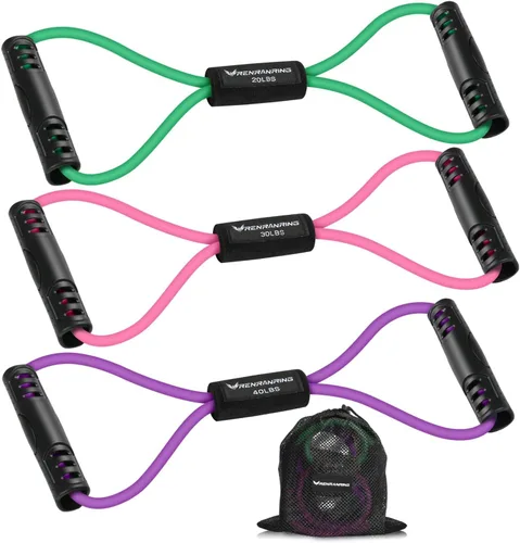 Miniatura 9 de RENRANRING Bandas de Resistencia de Fitness en Forma de 8 con Asas - Juego de 3 Bandas de Tubo de Ejercicio para Estiramiento de Brazos y Hombros