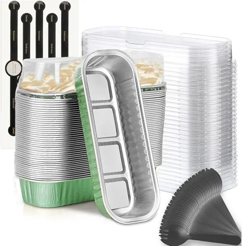 Miniatura 21 de Findful Mini Moldes para Hornear Pan con Tapas y Cucharas (Paquete de 50, 6.8oz) Moldes Rectangulares de Papel de Aluminio para Hornear Recipientes