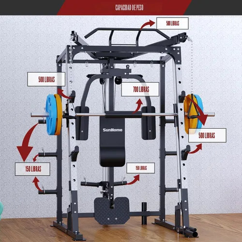 Miniatura 7 de SunHome Smith Machine, soporte para sentadillas Power Cage con barra Smith, sistemas de tracción LAT, máquina cruzada de cables y accesorio de cable