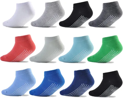 EPEIUS Calcetines de corte bajo antideslizantes para recién nacidos niños y niñas calcetines de tobillo con empuñaduras 12 pares
