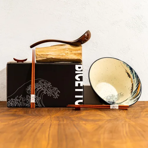 Miniatura 8 de BICETTO Juego de cuencos japoneses para ramen con gran diseño de ola, cuencos de cerámica grandes de 60 onzas, cucharas, palillos para ramen, Pho