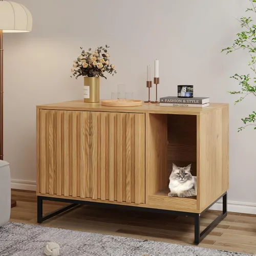 Miniatura 12 de Halitaa Caja de Arena para Gatos, Mueble Moderno de Caja de Arena para Gatos Caja de Arena Oculta con Almohadilla para Rascar, Mesa Auxiliar Casa