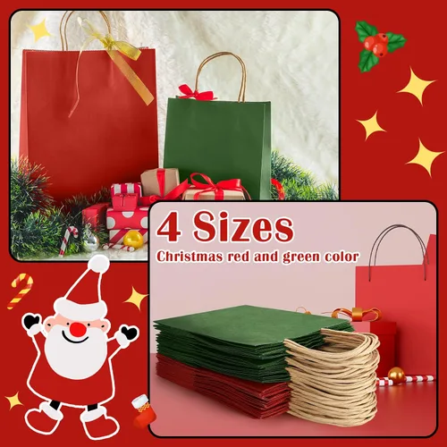 Miniatura 3 de Tenceur 100 bolsas de regalo de Navidad rojas y verdes, bolsas de papel kraft con asas, regalo de vacaciones para boda, baby shower, despedida