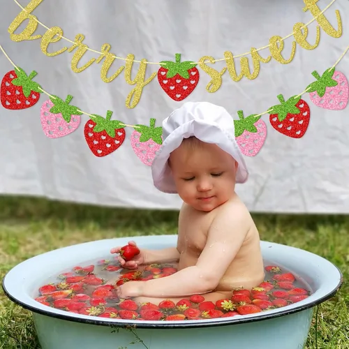 Miniatura 7 de Banner dulce de fresa y bayas, decoraciones de fiesta de fresa Suministros de fiesta temática de bayas de verano con purpurina dorada para baby