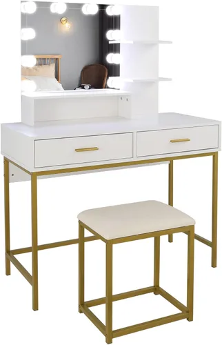 Miniatura 3 de Henf Escritorio negro con espejo y luces, mesa de tocador de maquillaje, 2 cajones y 3 estantes de almacenamiento, tocador de dormitorio