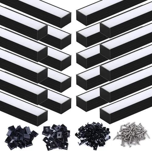 Miniatura 19 de Muzata Paquete de 10 unidades de 6.6 pies/6.6 ft con sistema de canal LED negro en forma de U con cubierta de difusor blanco lechoso esmerilado