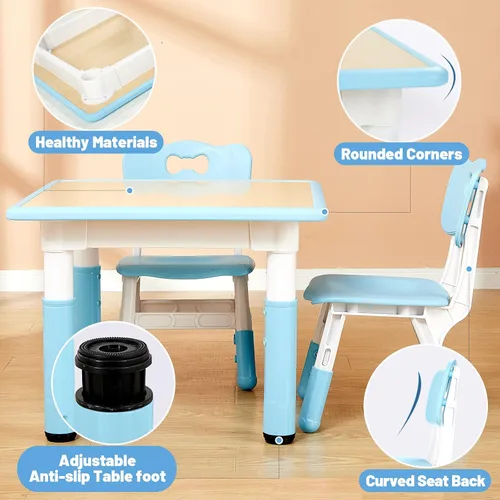Miniatura 5 de FUNLIO Juego de mesa y 4 sillas para niños, juego de mesa y sillas ajustables en altura para niños de 3 a 8 años, mesa fácil de limpiar para Azul